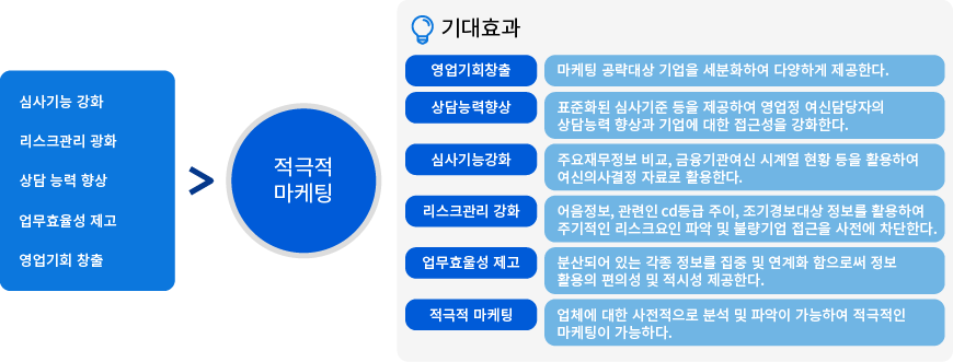 영업기회창출, 상담능력향상, 심사기능강화, 리스크관리 강화, 업무효율성 제고, 적극적 마케팅